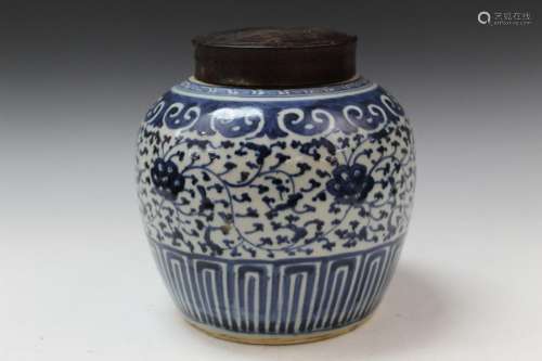 Chinese Blue and White Porcelain Jar with Wooden Cover