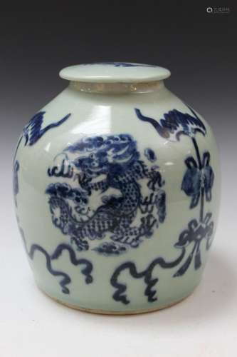 Chinese Celadon Blue and White Porcelain Jar with Lid