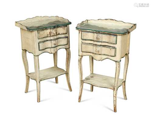 A pair of cream and green painted bedside tables,