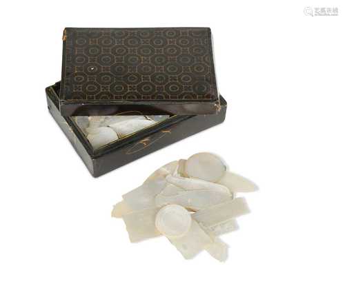 A small Chinese lacquer box of mother-of-pearl gaming counte...