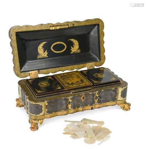 A Chinese Export black lacquer and gilt decorated games box,...