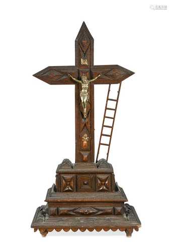 A 'Tramp Art' carved wood altar crucifix,