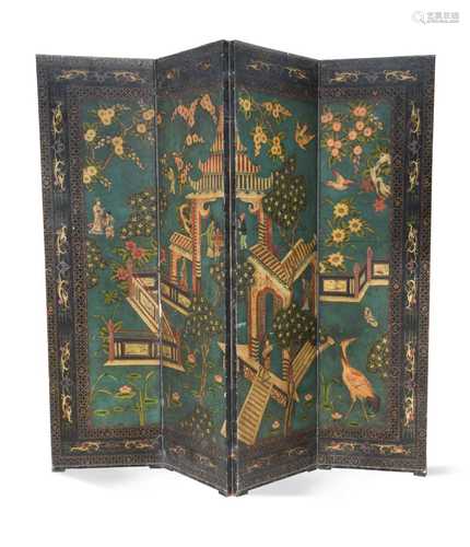 A chinoiserie painted four fold leather screen, late 19th ce...