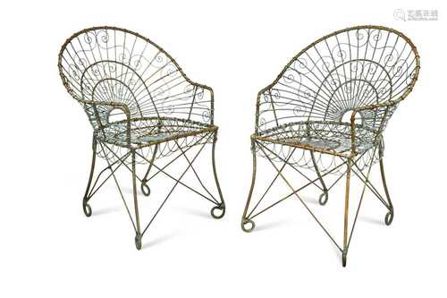 A pair of wire work garden armchairs, 20th century,