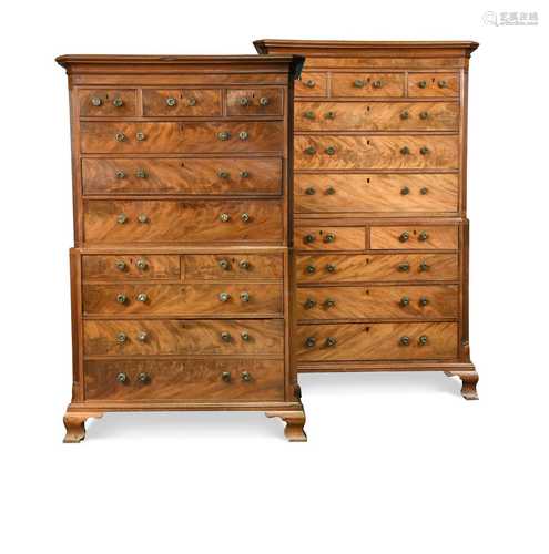 A pair of George III mahogany chest on chests,