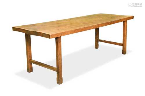 An elm two plank top refectory table, 20th century,