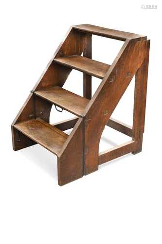 A set of Edwardian oak folding library steps,