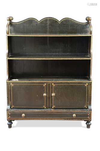 A black painted and gilt lined waterfall bookcase, 20th cent...