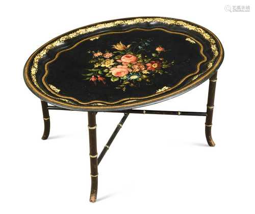 A late Victorian toleware floral decorated tray,