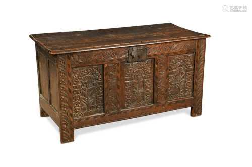 An oak panelled coffer, 17th century,