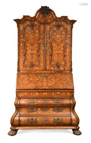 A Dutch walnut and marquetry bureau bookcase, circa 1800,