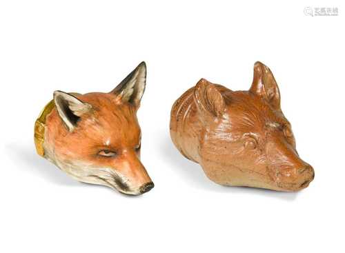 A Staffordshire pottery fox head stirrup cup, 19th century,