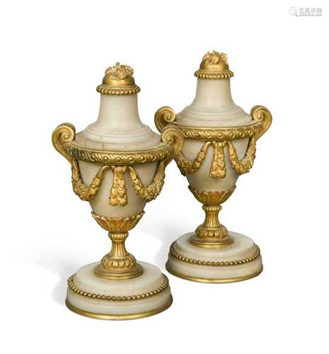 A pair of gilt mounted marble cassolettes, 19th century,