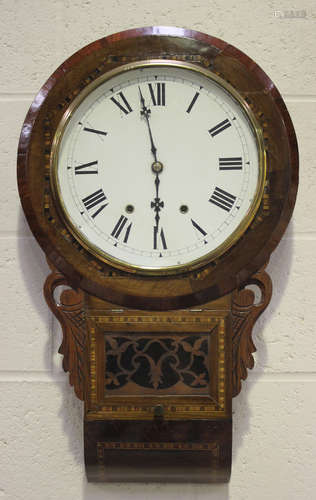 A late 19th century walnut drop dial wall clock, the painted...