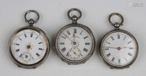 Two silver cased keywind open-faced ladies' fob watches, bot...