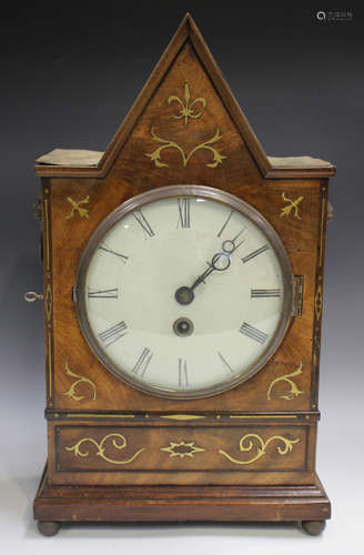 A Regency brass inlaid mahogany bracket timepiece with eight...