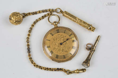 A gold cased keywind open-faced lady's fob watch with unsign...