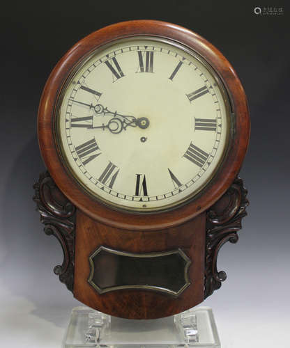 A Victorian mahogany drop dial wall timepiece with brass fiv...