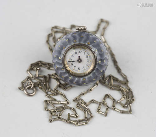 A Rolex silver and lavender grey enamelled pendant ball watc...