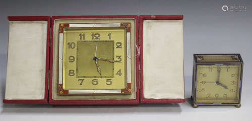 An Art Deco gilt metal and enamelled bedside alarm clock, th...