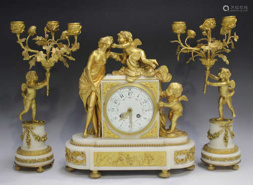 A late 19th century ormolu and white marble clock garniture,...