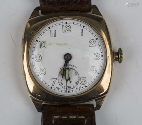 A Longines 9ct gold cushion cased gentleman's wristwatch, th...