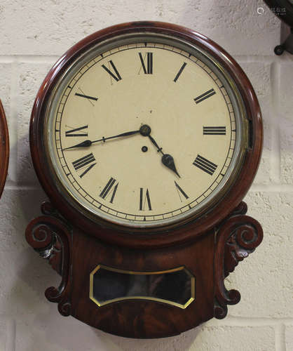 An early Victorian figured mahogany drop dial wall timepiece...