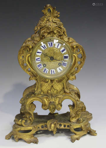 A late 19th century French ormolu cased mantel clock, the ei...