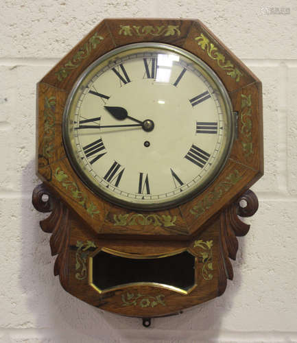 An early Victorian brass inlaid rosewood drop dial wall time...