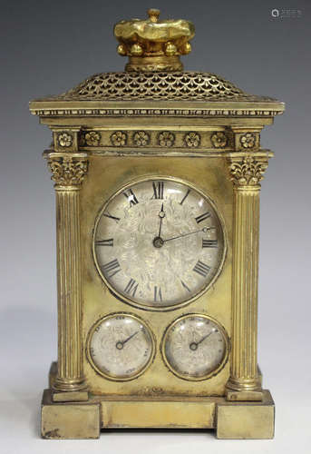 An early Victorian silver gilt carriage timepiece, the eight...