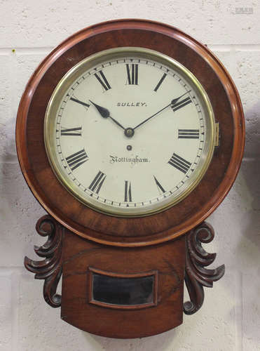 A Victorian mahogany drop dial wall timepiece with eight day...