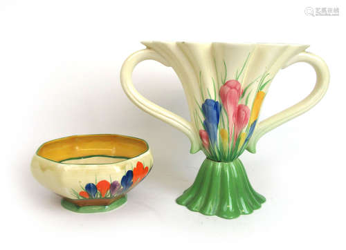 A Clarice Cliff 'Crocus' pattern twin handled vase together ...