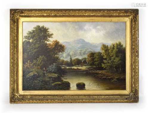 David Bates (1840-1921), A lake side landscape, signed, oil ...