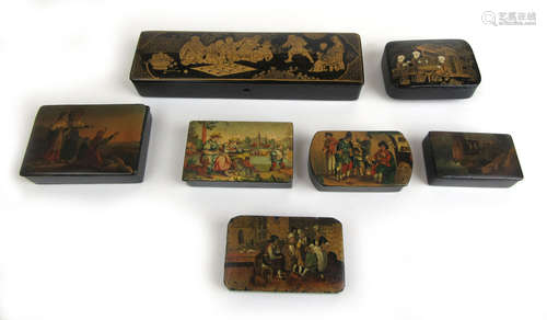 A group of six 19th century lacquered and painted snuff boxe...