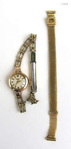 A yellow metal watch strap marked '9c' together with a yello...