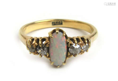 A late 19th century yellow metal, diamond and opal ring mark...