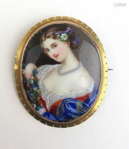 A late 19th century yellow metal painted porcelain brooch de...