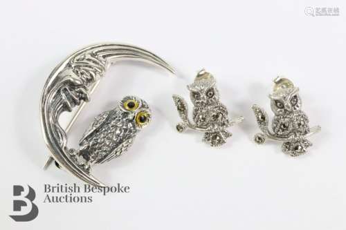 A Silver Owl Brooch & Earrings