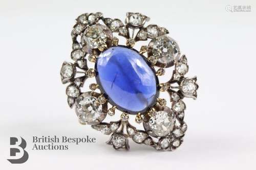 Stunning 5ct Cabochon Sapphire and Diamond Brooch