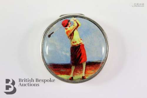A Silver Pillbox With Enamel Lid Depicting A Golfer