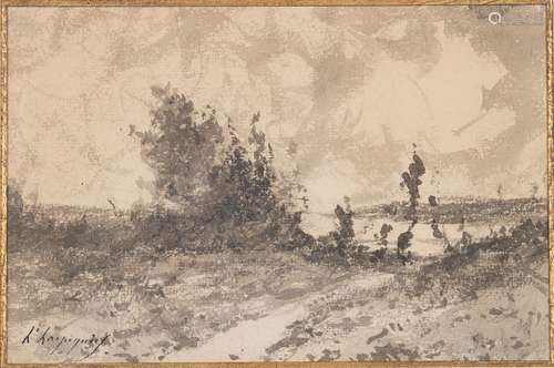 Henri Joseph HARPIGNIES (1819-1916) Paysage Plume, lavis d'e...