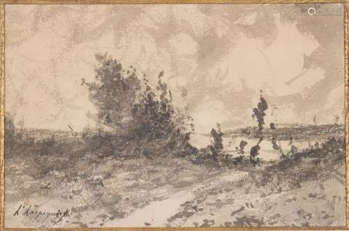 Henri Joseph HARPIGNIES (1819-1916) Paysage Plume, lavis d'e...