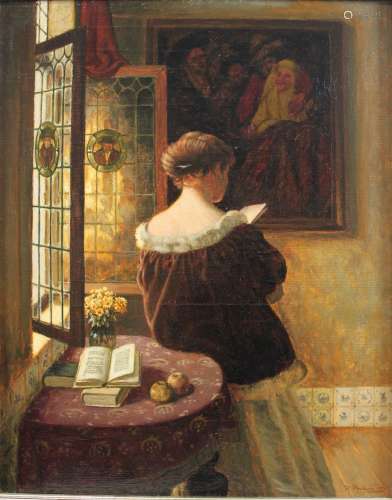 Maler der Düsseldorfer Schule, 20. Jh., Lesende Frau, Öl auf...