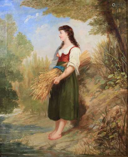 Monogrammist AB, Junge Bäuerin in Sommerlandschaft, 1879, Öl...