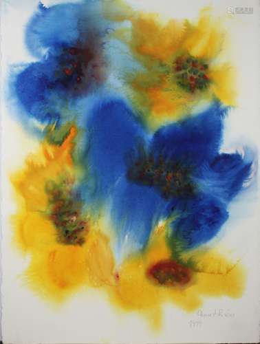 Anne Schroer, zwei Aquarellen, Blumen Lila, Blumen Blau-Gelb...