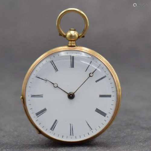 Open face 18k yellow gold cylinder pocket watch