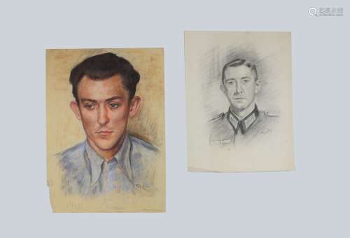 Zwei Portrait, 1940er, Deutschland, Pastell- und Kohlezeichn...