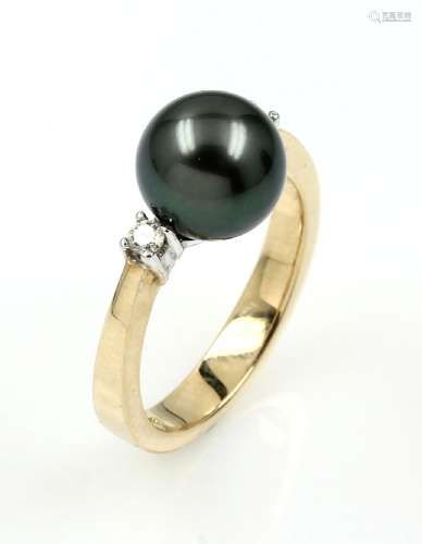 14 kt gold ring with cultured tahitian pearl and brilliants