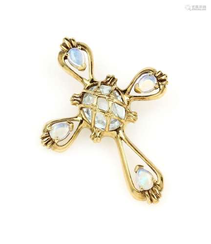 14 kt gold crosspendant with aquamarine and opals
