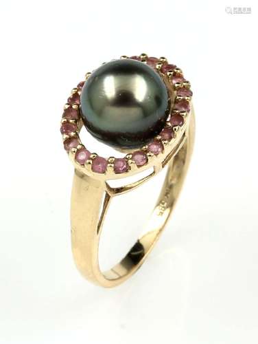 HARRY IVANS 14 kt gold ring with tourmalines and cultured ta...
